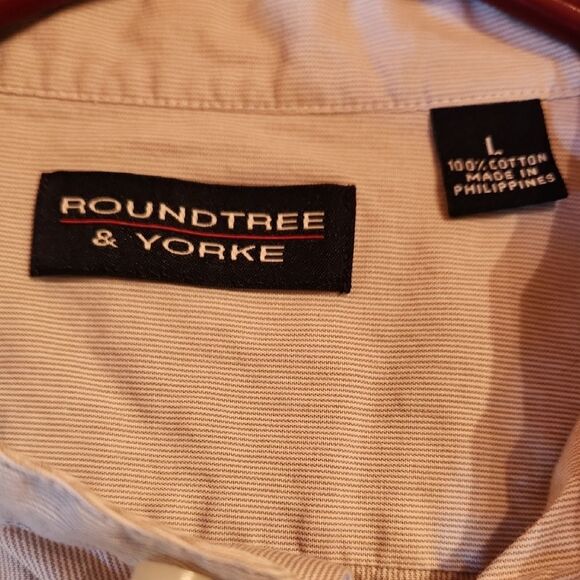 Roundtree & Yorke Button Down Collarless 100% Cotton Shirt Tan & White Stripes - Picture 5 of 6